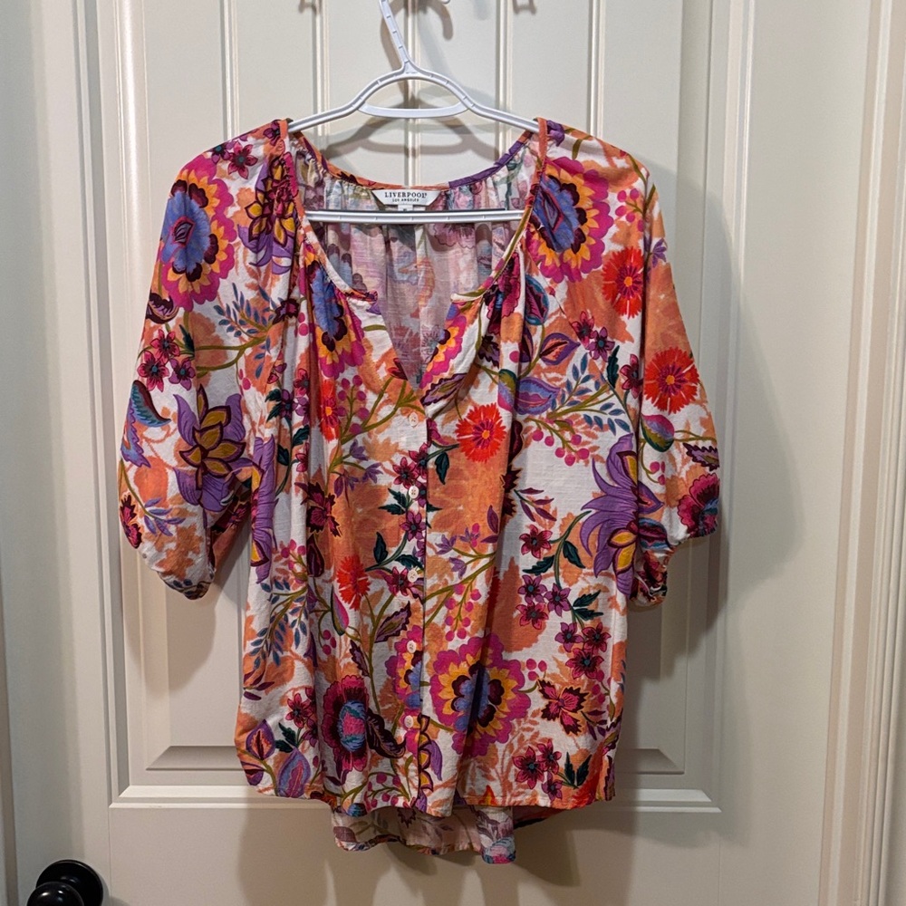 Liverpool Floral Button-Front Blouse in Orange, Pink & Purple
